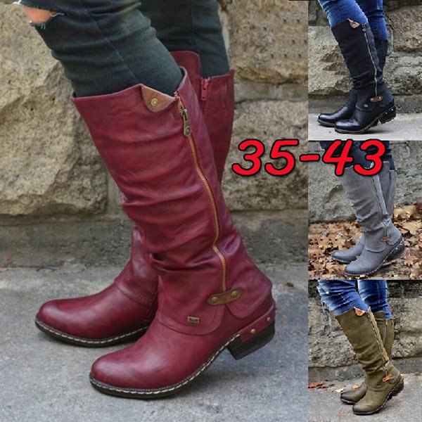 Women High Boots Leather Low Thick Heel Side Zipper Booties Western Cowboy Knee Boots Punk BootsPlus Sieze 35-43 - Life is Beautiful for You - SheChoic