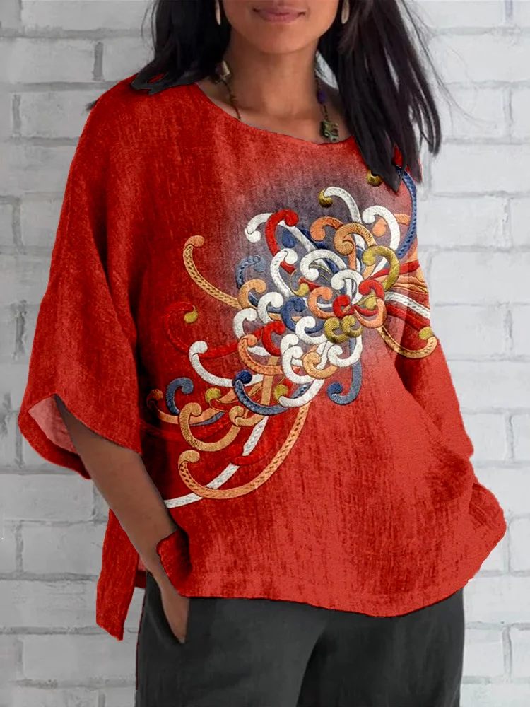 Comstylish Embroidered Japanese Flower Art Linen Blend Tunic