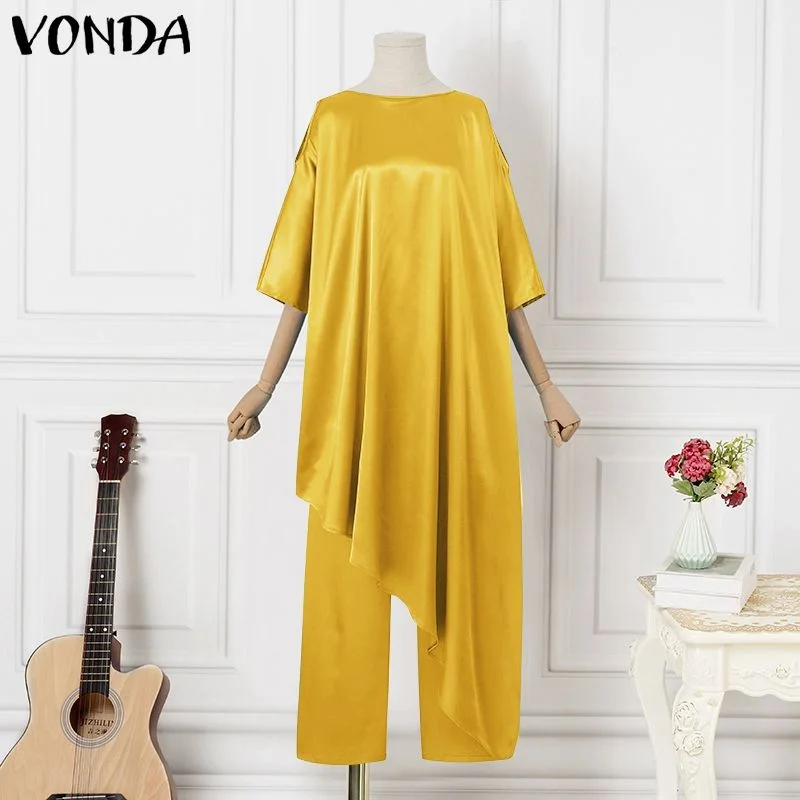 Ueong VONDA 2022 Stylish Femme Casual Blusas Wide Leg Long Poncho Suits Women Clothing Half Sleeve Off Shoulder Blouse Tops Pant Set