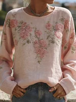 Vintage Boho Roses Pattern Round Neck Cozy Linen Tunic