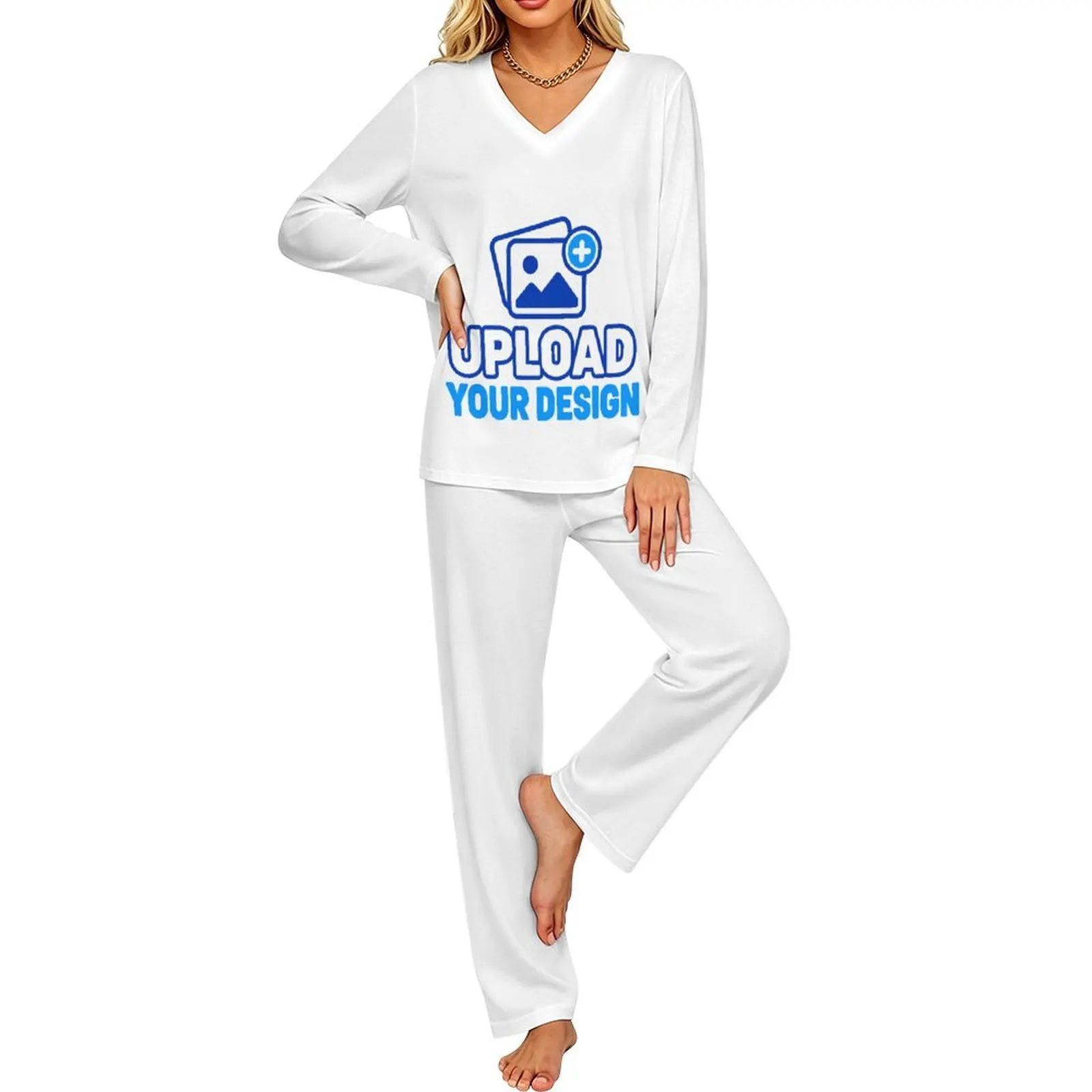 Custom V-Neck Long-Sleeve Pajama Set With Pocketless Pants product image 9