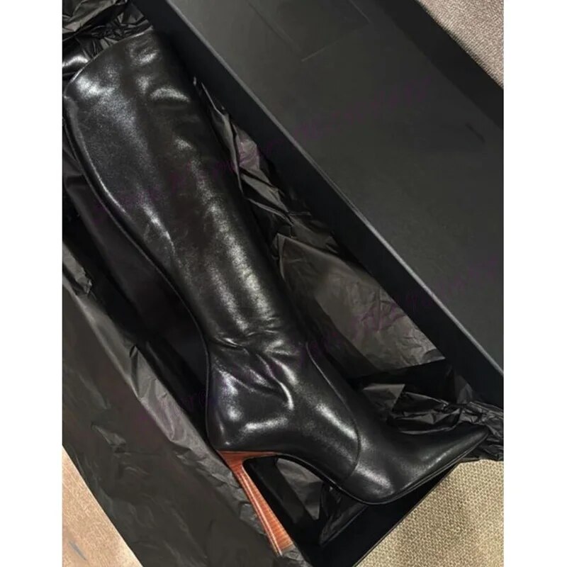 VCSHOES Black Matte Leather Knee High Boots Pointy Toe Shoes For Women Thin High Heels Lady Shoes Zapatos Para Mujere