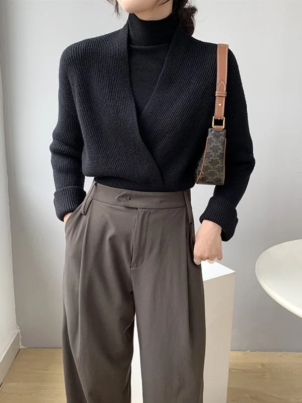 Long Sleeves Asymmetric Solid Color V-Neck Knitwear Pullovers Sweater