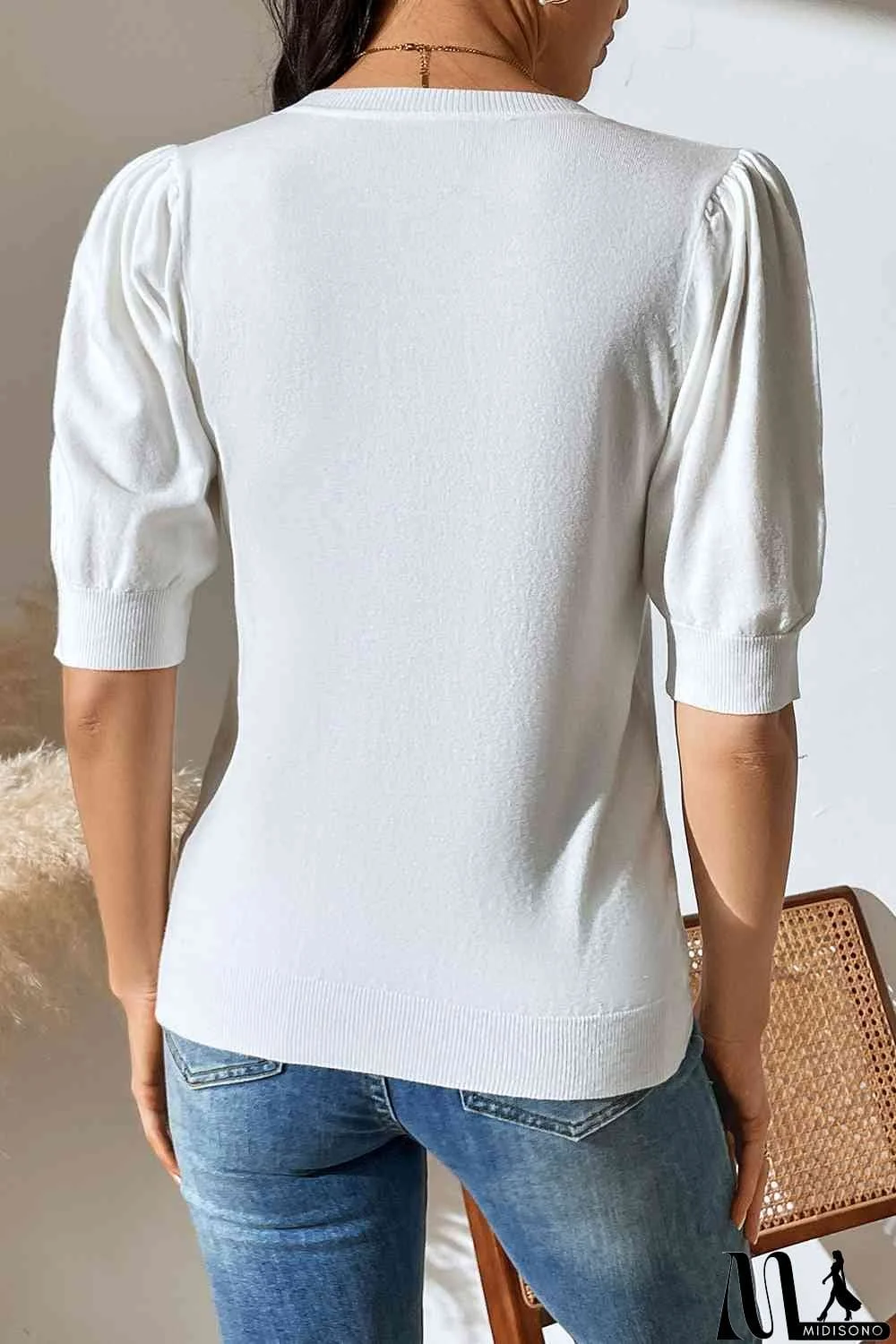 MidiSono - Round Neck Puff Sleeve Knit Top