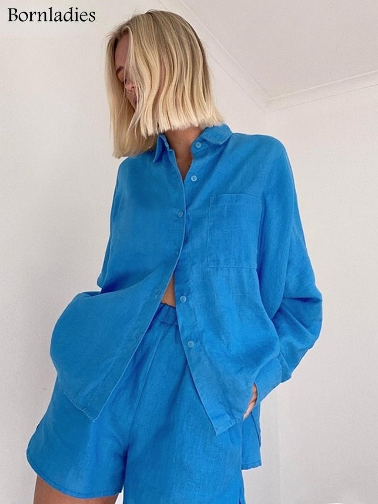 Bornladies Cotton Linen Women Summer Set Of Top With Shorts Blue 2 Piece Set Female Casual Shorts Suits Pocket Shirt Outfit