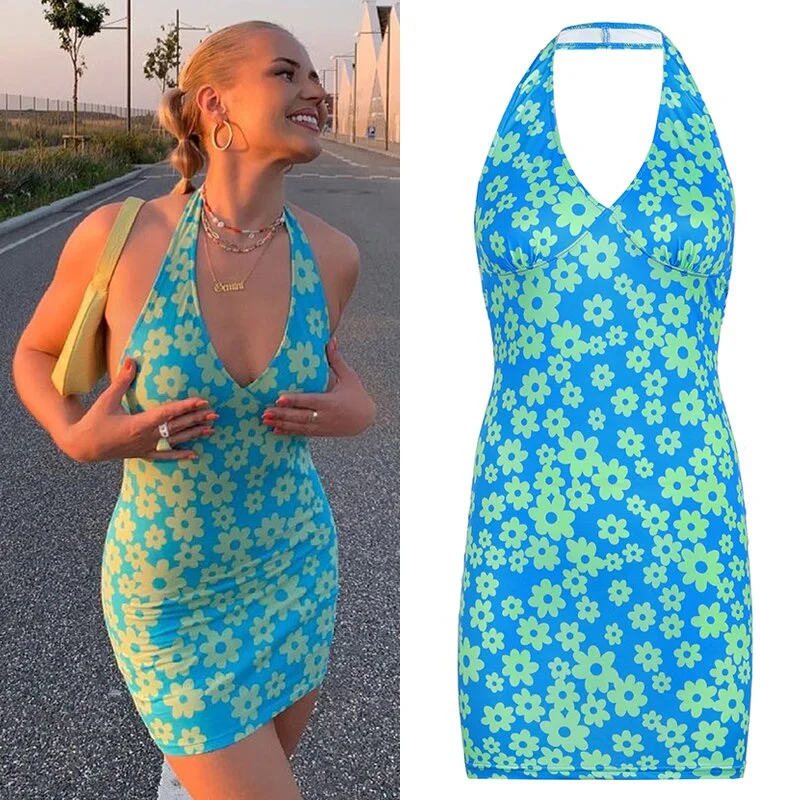 HEYounGIRL Summer Printed Sexy Backless Bodycon Mini Dress Cut Out V Neck Short Tank Dresses Women Fashion Streetwear Party