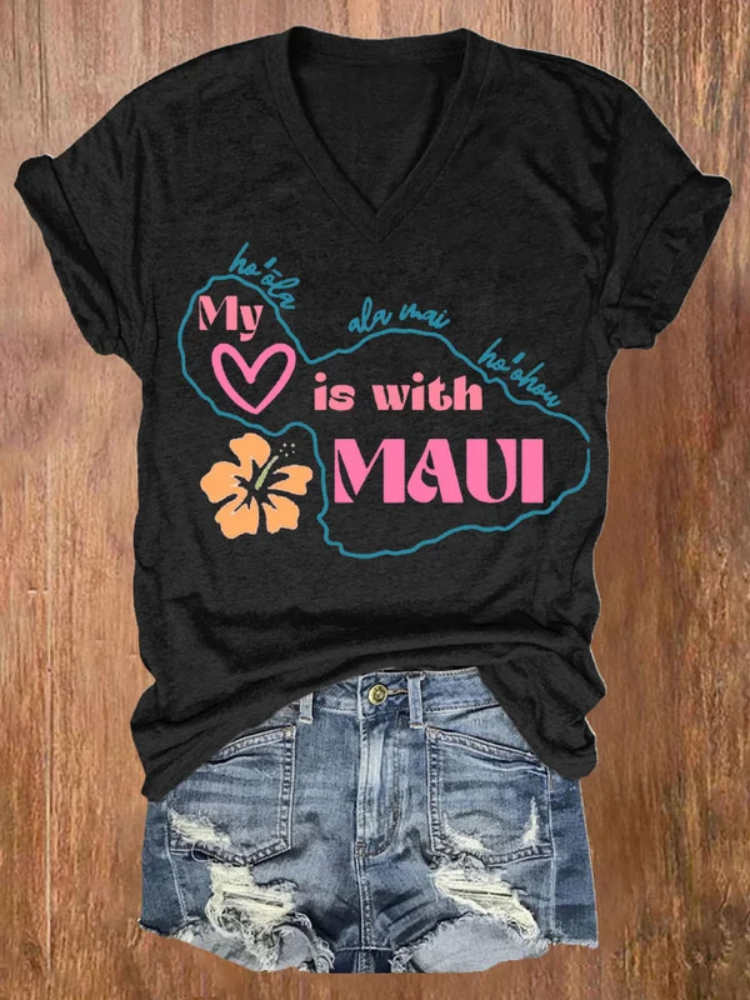 Women's Maui Strong My Heart Is With Maui Print Short Sleeve T-Shirt