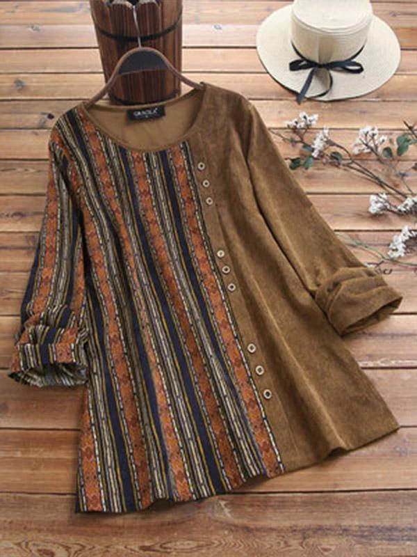Women's retro corduroy stripe print stitching long sleeve shirt-Mayoulove
