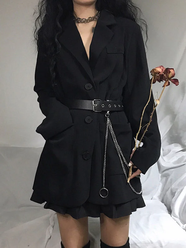 Cool Black Notched Collar Belted Blazer Outerwear
