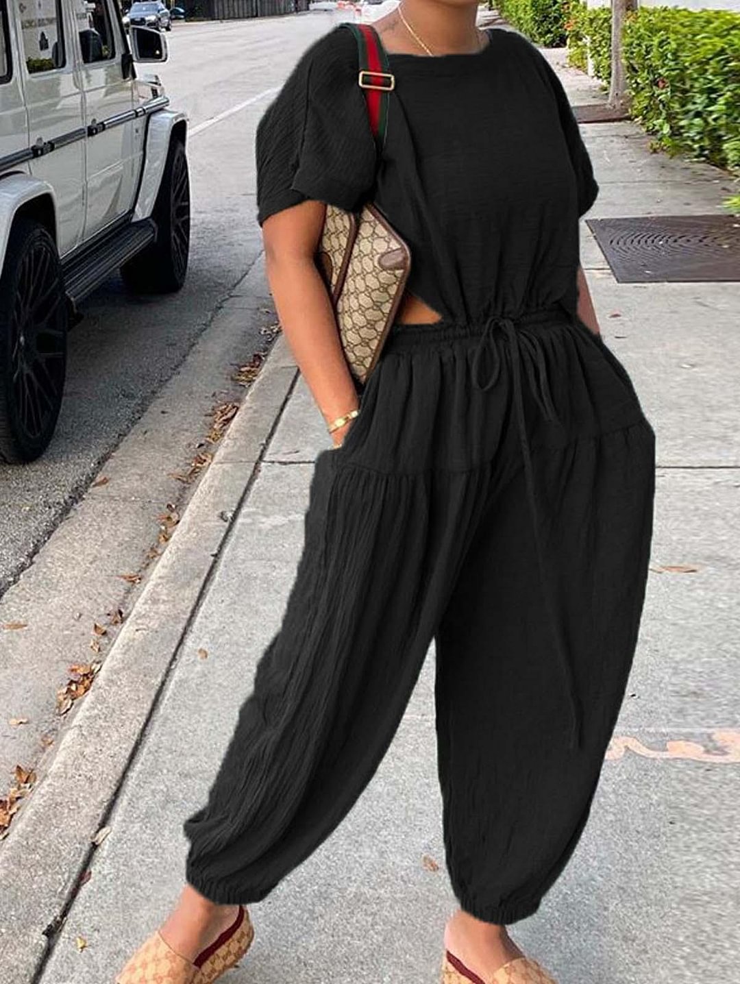 Crew Neck Solid Drawstring Pocket Cut Out Jumpsuit