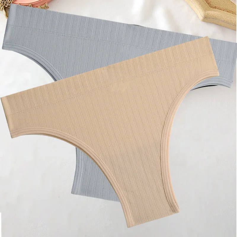 FINETOO 2PCS/Set M-XL Women Seamless Pantys 9 Solid Colors Sexy Brazilian Panties  Midi-Waist Underpants For Girls Fashion Thong