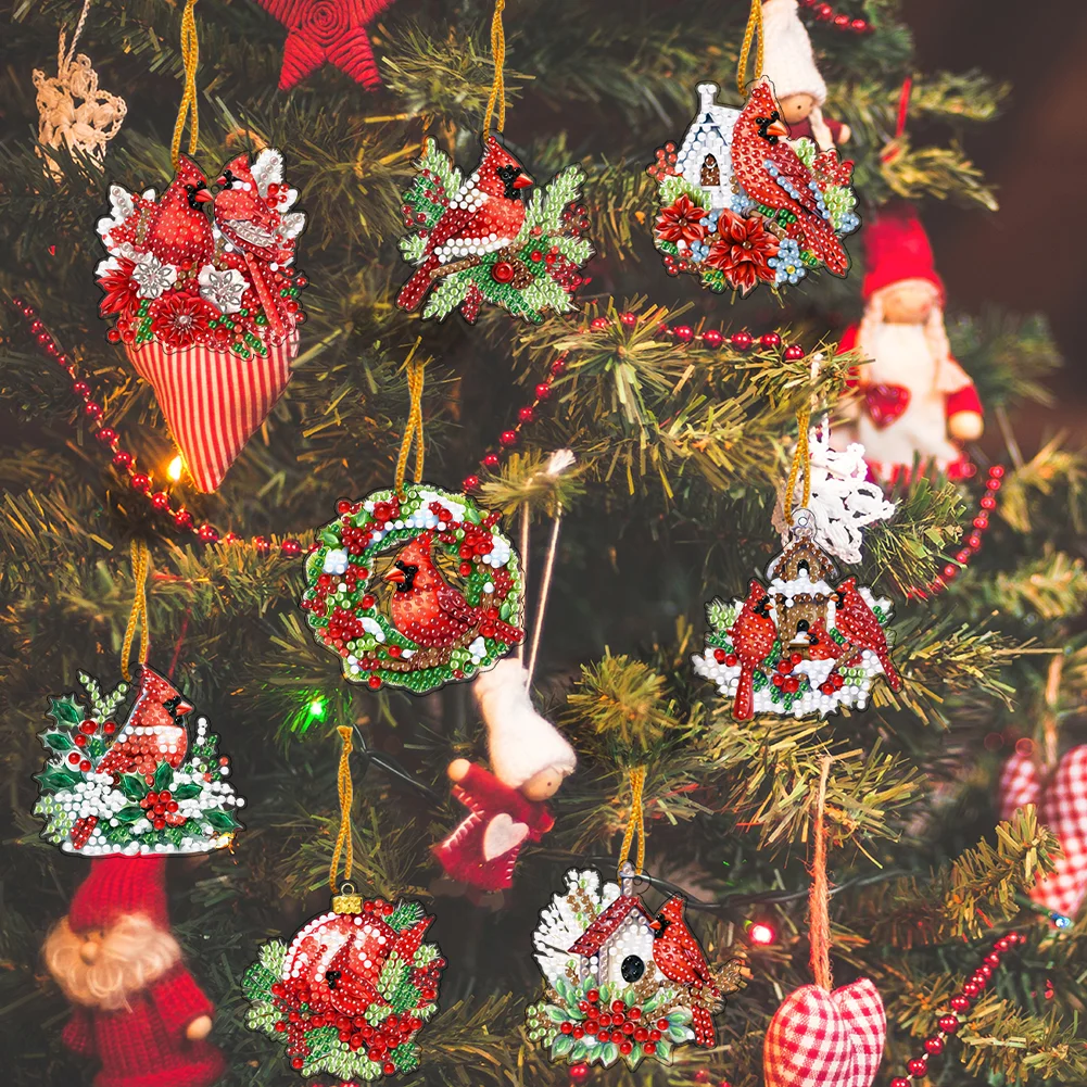 5D DIY 8Pcs Christmas Cardinals Diamond Painting Christmas Tree Pendant for Xmas Tree 