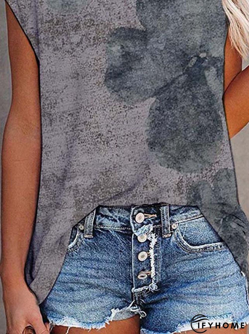 Floral Short Sleeve Printed Cotton-blend Crew Neck Vintage Summer Gray Top | IFYHOME