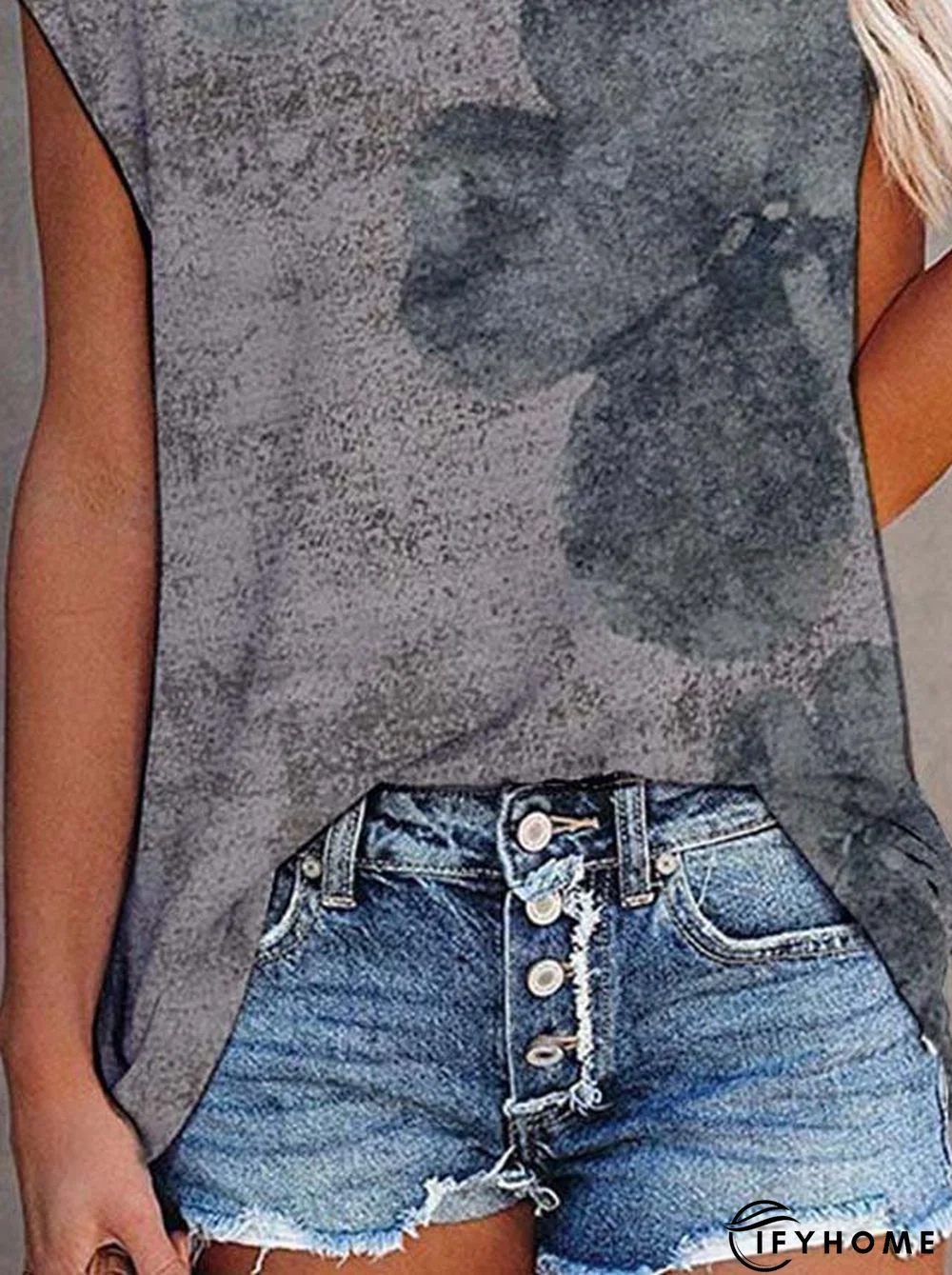 Floral Short Sleeve Printed Cotton-blend Crew Neck Vintage Summer Gray Top | IFYHOME