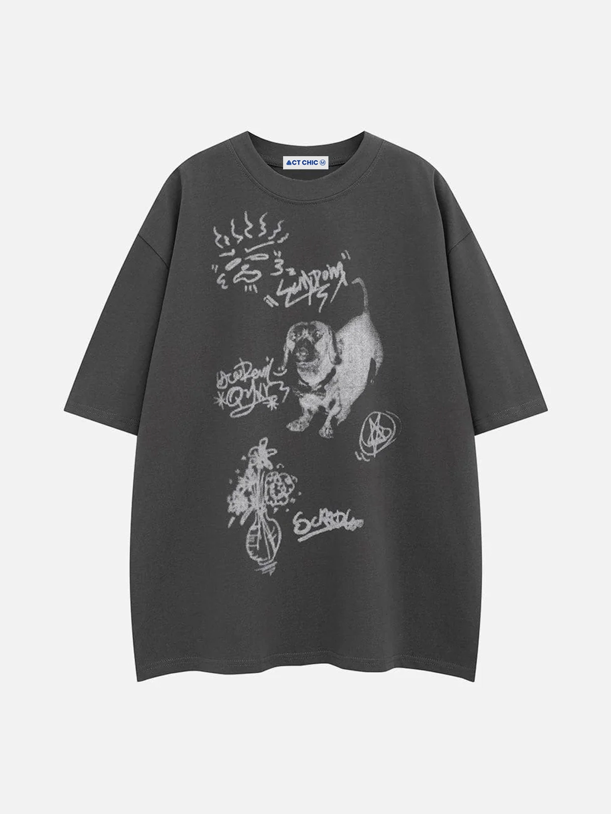 Grey Act Chic Unisex Graffiti Dog Graphic T-shirt Front