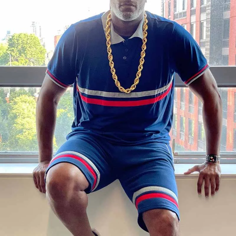 Casual Contrasting Geometric Stripes Polo Shirt And Shorts Two-Piece  Co-Ord