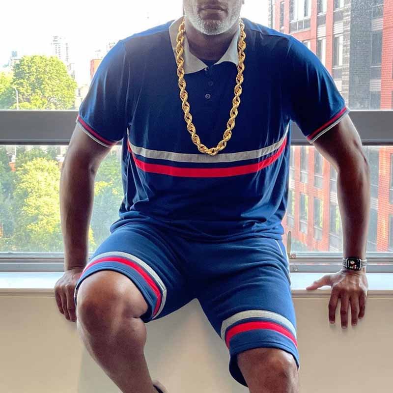 Casual Contrasting Geometric Stripes Polo Shirt And Shorts Two-Piece  Co-Ord