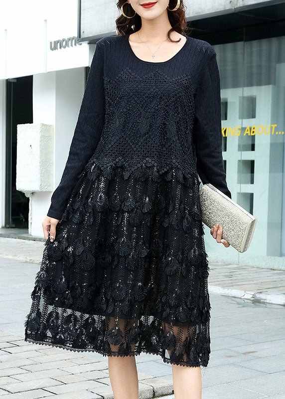 Modern Black Knit Patchwork Hollow Out Vacation Dresses Fall CK2498- Fabulory