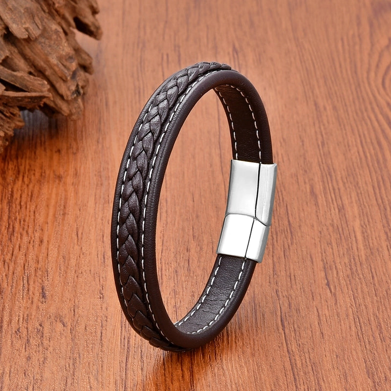 Minimalist Classic Style Commute Solid Color 316L Stainless Steel Leather Rope Unisex Bracelets