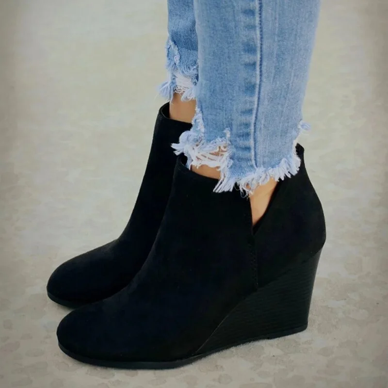 Zipper Solid Color Short Booties Round Toe Shoes Botines Mujer 2019 Women Ankle Boots Fashion Women Suede Wedges
