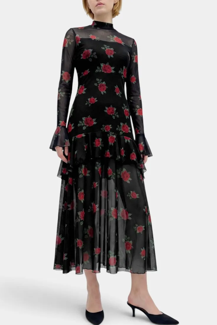 Rose-Print Sheer Long Sleeve Ruffled Maxi Dress