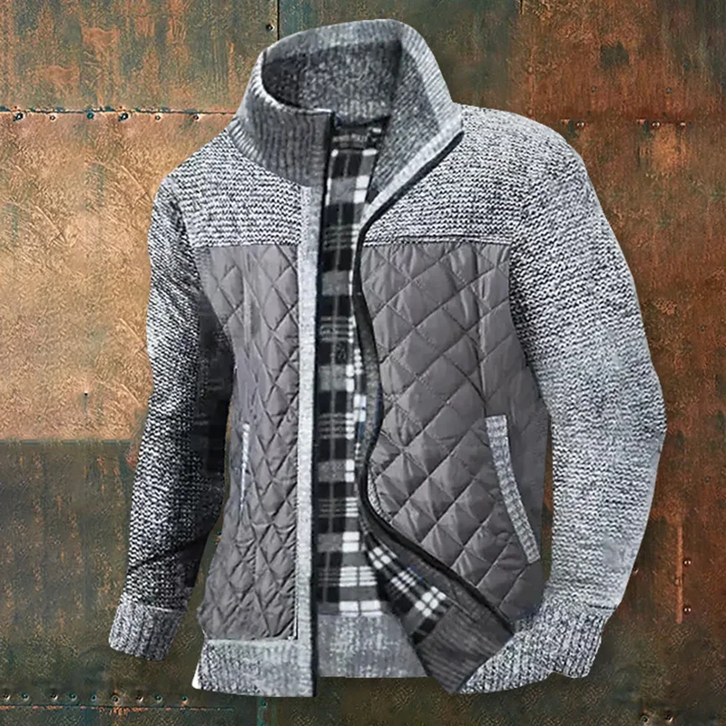 Men'S Stand Collar Fleece Colorblock Check Sweater Cardigan