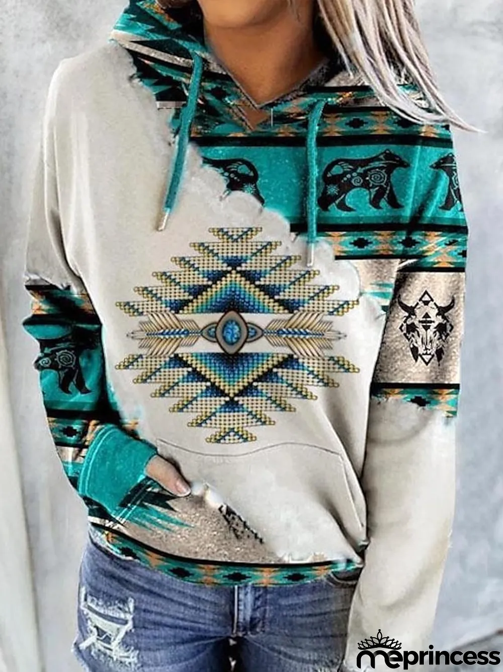 Women's Hoodie Sweatshirt Pullover Geometric Vintage Ethnic Street Casual Front Pocket Red Blue Green Vintage Ethnic Neon & Bright Hoodie Long Sleeve Top Micro-elastic Fall & Winter