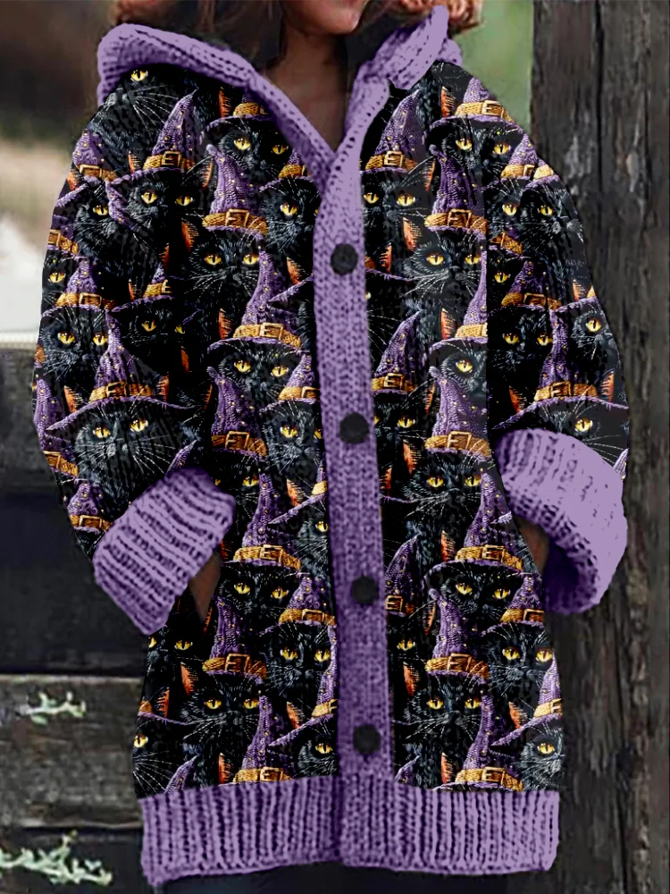 Witchy Cat Embroidery Art Cozy Hooded Cardigan