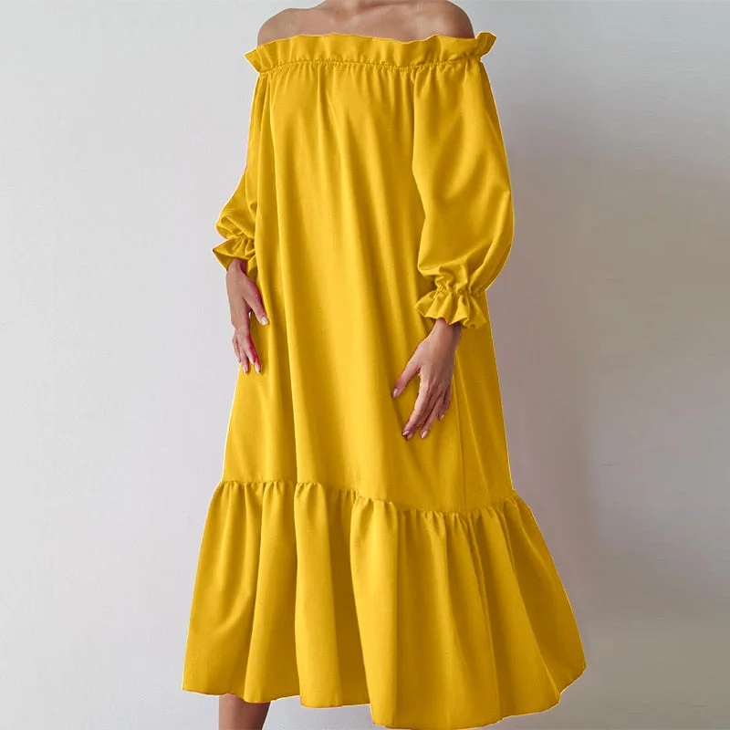 Holiday Swing Dress VONDA 2022 Women Sexy Off Shoulder Party Ruffled Dress Beach Sundress Casual Vestidos Oversized Robe Femme