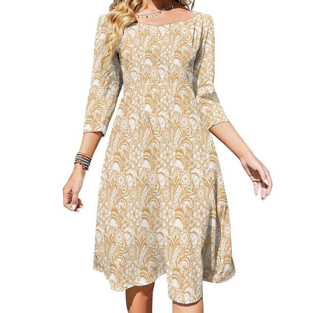 White With Ivory Lace Pattern Dress Sweetheart Tie Back Flared 3/4 Sleeve Midi Dresses