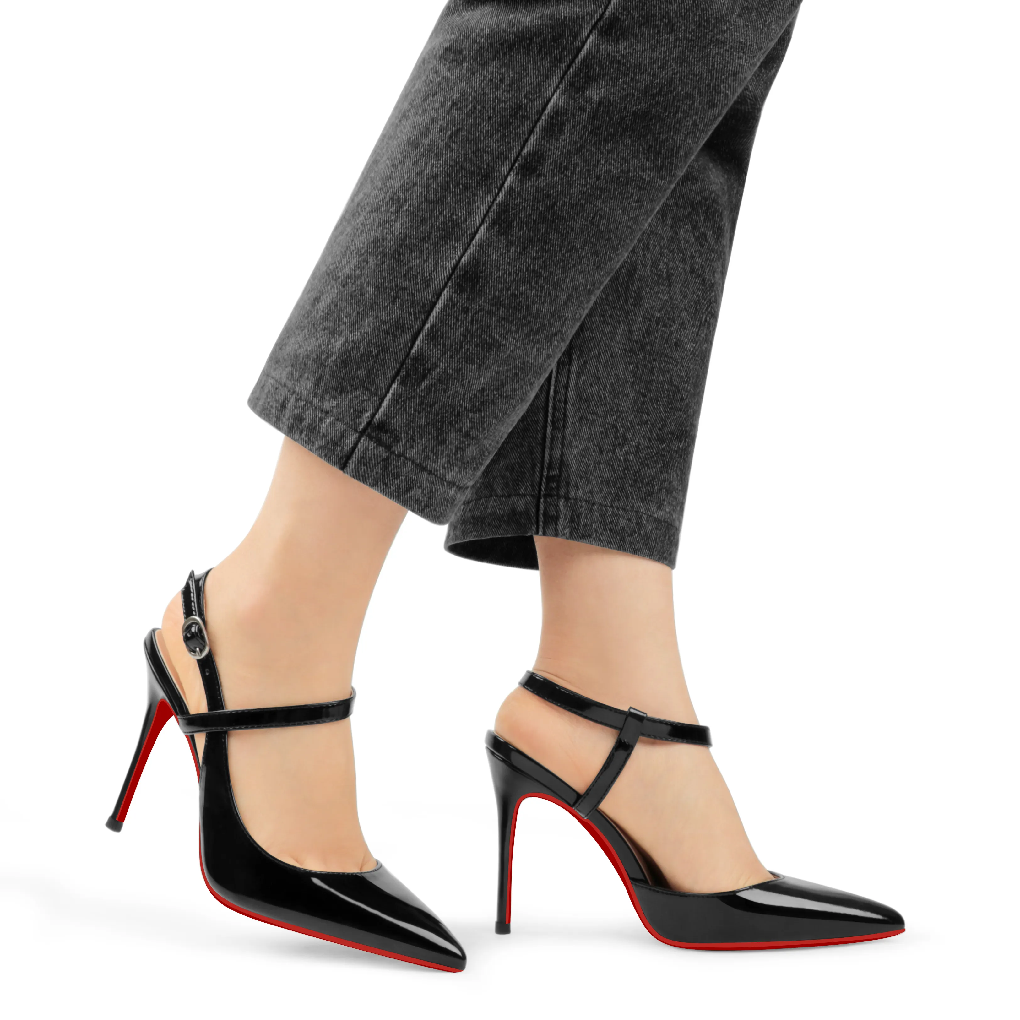 100mm Women Slingback Patent Pumps Ankle Strap Jenlove Stiletto Mid Heel Close Pointed Toe Dress Red Bottoms Shoes