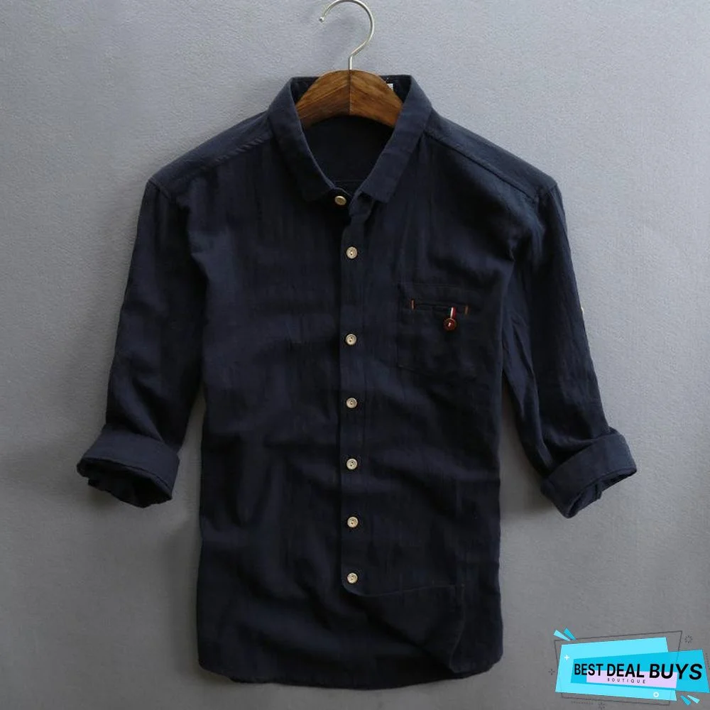 Men Spring/Fall 3/4 Sleeve Loose Turndown Collar Shirts Linen