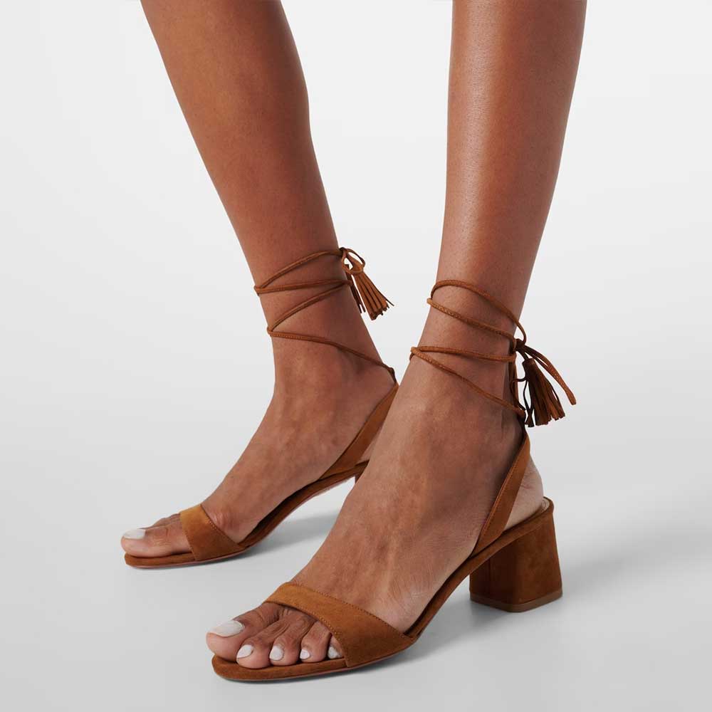 Brown Faux Suede Round Toe Chunky Heel Lace-Up Sandals Nicepairs
