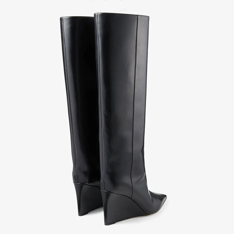 105mm Women's Pointed Toe Wedge Heel Boots Knee High Boots-MERUMOTE