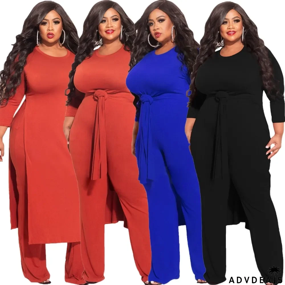 Spring Plus Size Red Slit Long Sleeve Top And Pant Wholesale Women's Two Piece Sets