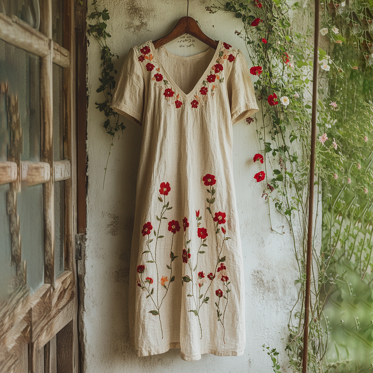 Utbros Women's Embroidered Flower V-neck Loose Linen Blend Midi Dress