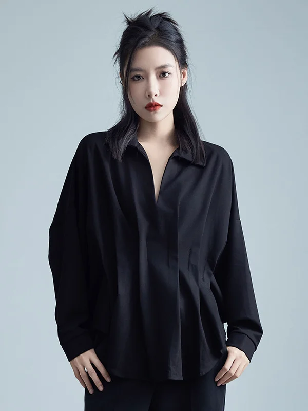 Dark Style Pleated Long Sleeve Shirt - yankia