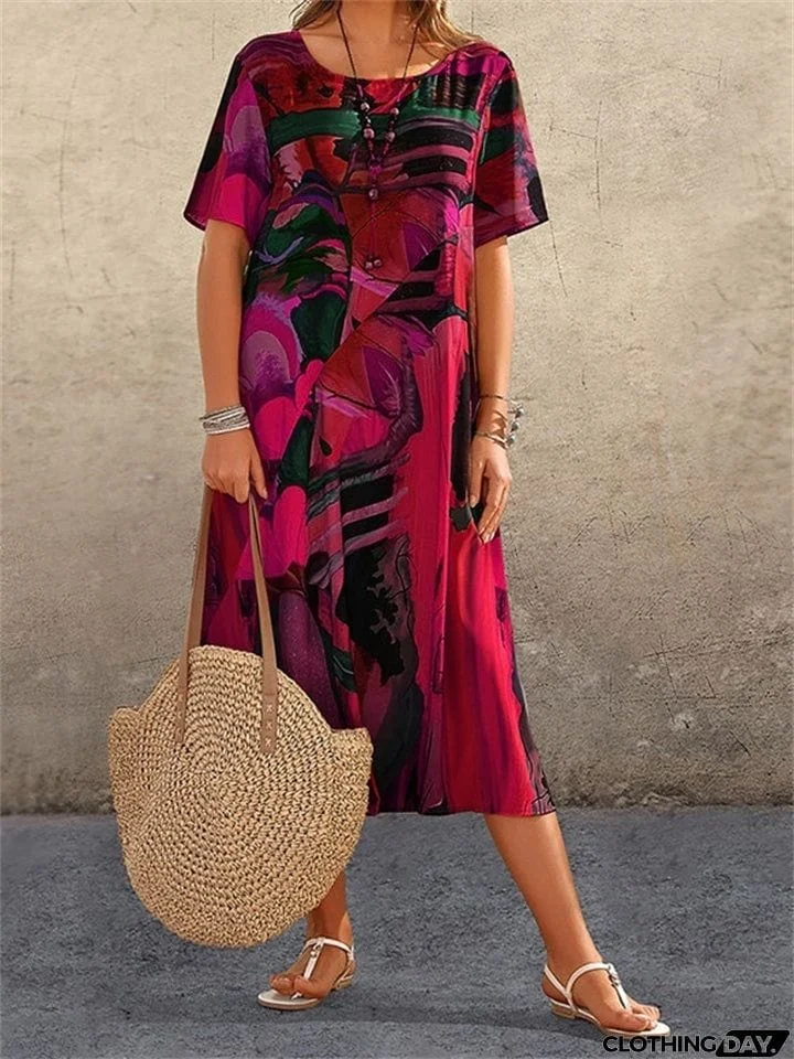 Casual Round Neck Abstract Printed Loose Dresses