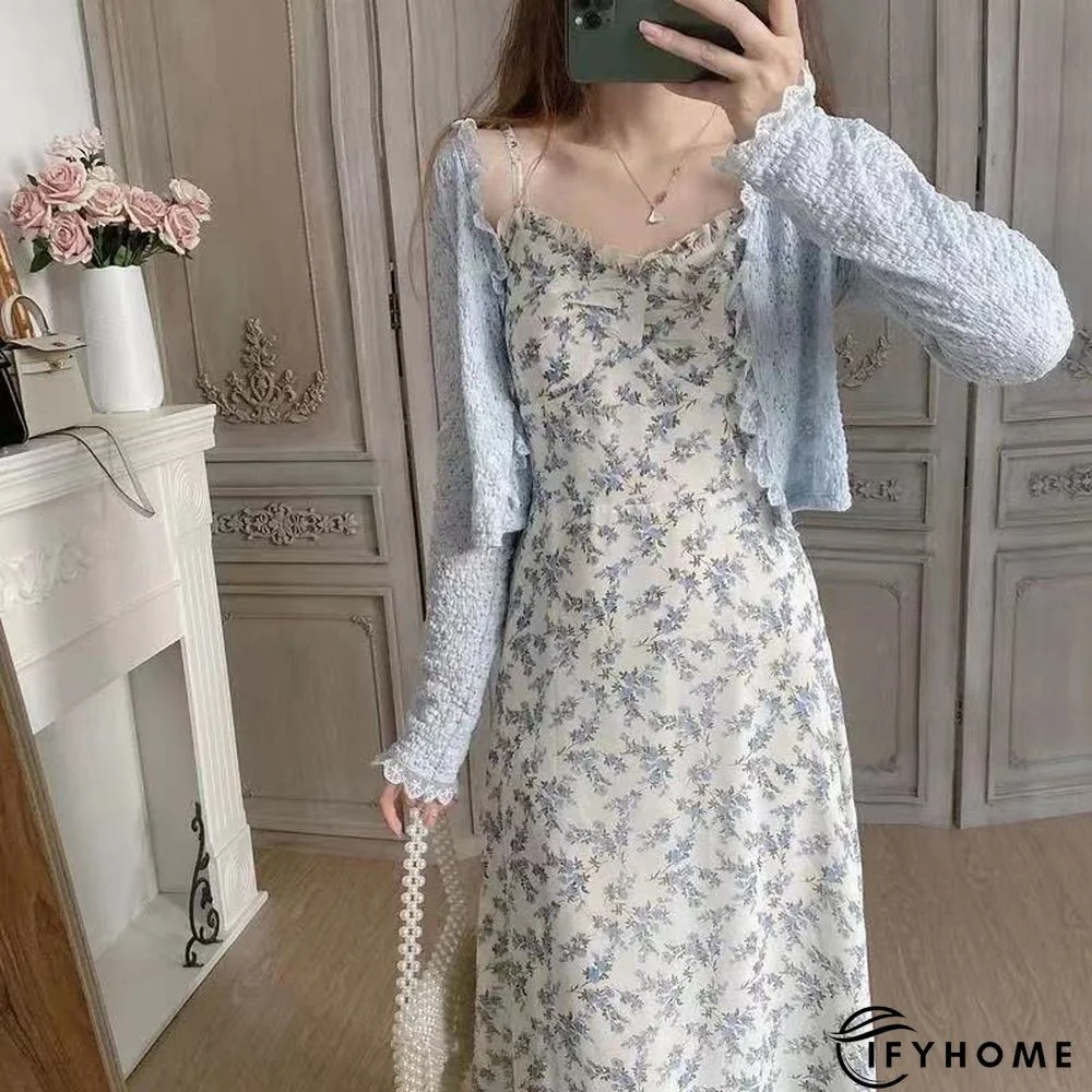 Fashionkova  Women Sleeveless Dresses Blue Floral Print Female Long Dress Elegant Students Sweet Kawaii High Waist A-Line Korean Style Trendy | IFYHOME