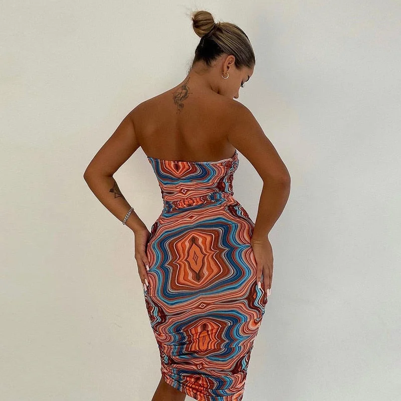 Hawthaw Women Fashion Summer Strapless Sleeveless Printed Bodycon Package Hip Tube Dress 2021 Female Clothing Streetwearkl