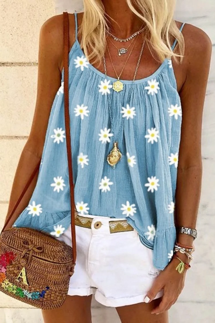 Plus Size Casual Sky Blue Cotton And Linen Daisy Print Tank Top  Flycurvy [product_label]