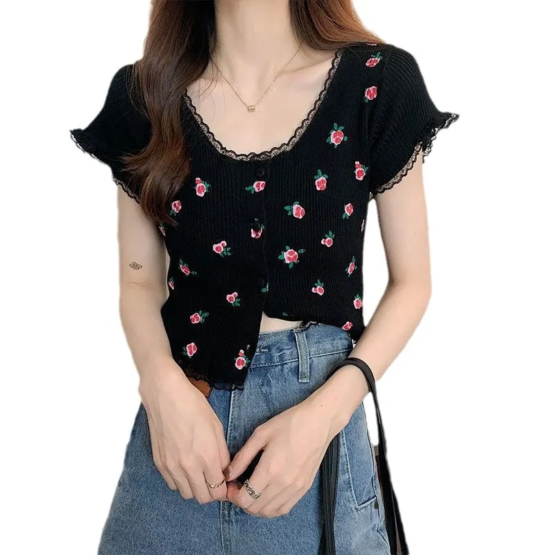 Uveng Uveng Bubble BM Broken Flower T-Shirt New Short Ins Lace Korean Version Sweet Renoval Sweet Sleeve T-Shirt