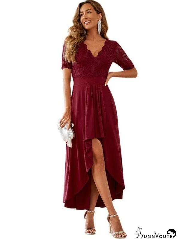 Long Lace Backless V-Neck High-Low Skirt Dress - Solid Color Simple Style