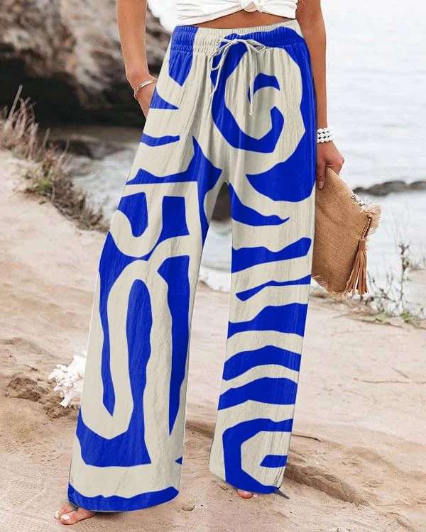 Vintage Indigo Abstract Art Loose Wide Leg Pants