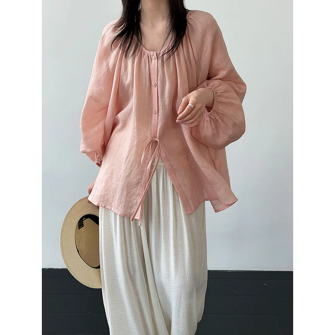 Women's Linen Gathered U Neck Bubble Sleeve Drawstring Loose Blouse