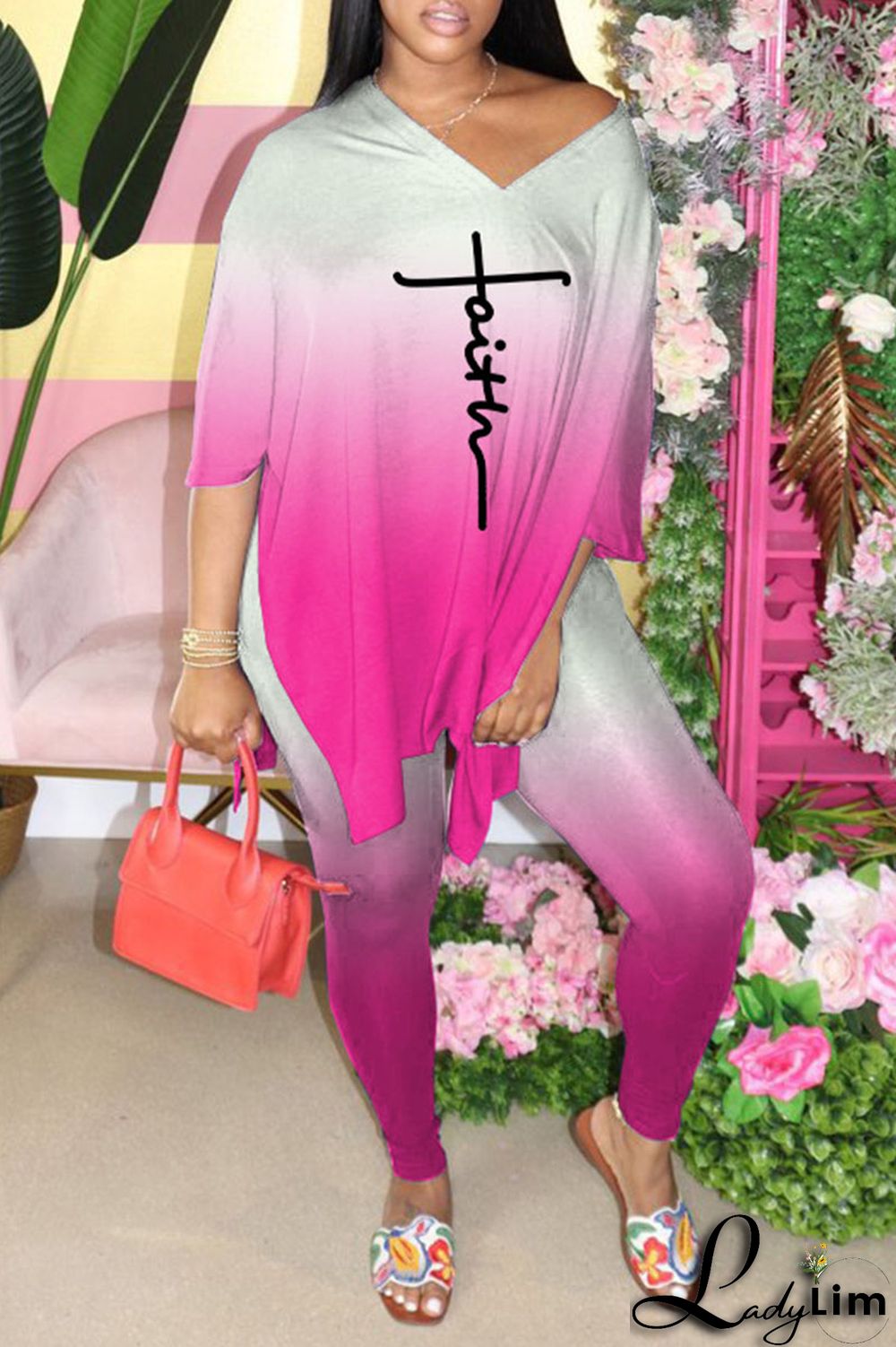 Black Casual Gradual Change Print Patchwork Slit V Neck Half Sleeve Two Pieces