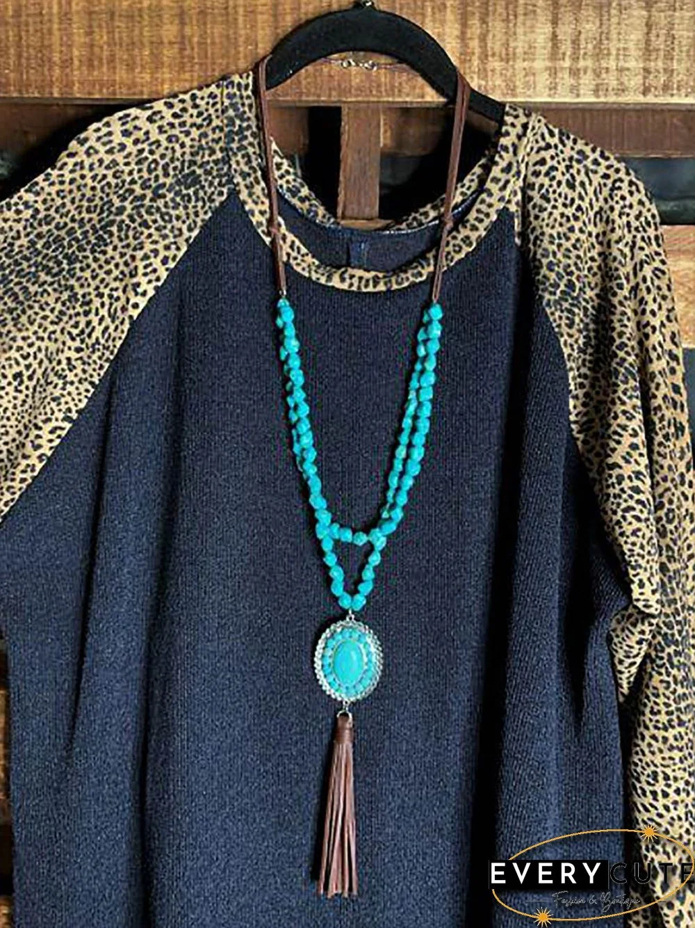 Leopard Round Neck Long Sleeve Loose Tunic & Tops