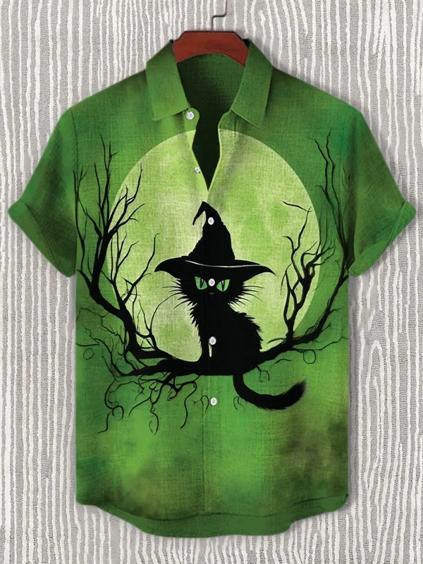 Men's Halloween Gothic Black Cat On Full Moon Night Print Casual Shirt