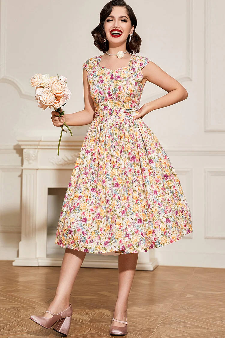 1950s Multicolor Casual Ditsy Floral Sleeveless Pleated Fitted Waist Flare Swing Midi Dress [Pre-Order]