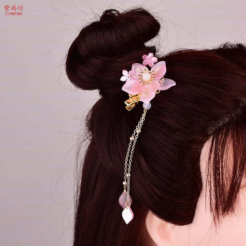 Vintage Cherry Blossoms Pink Flower Chinese Hanfu Hair Clips
